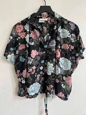 FRITZI Vintage Blouse Top Semi Sheer Collared Adjustable Waist Black Floral L